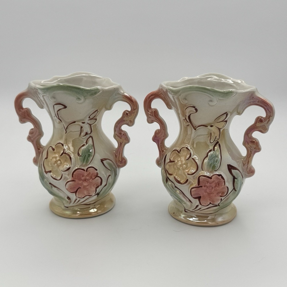 Vintage Brazil Lusterware Vase Pair Raised Floral Pastel Handles 423 Shabby Chic